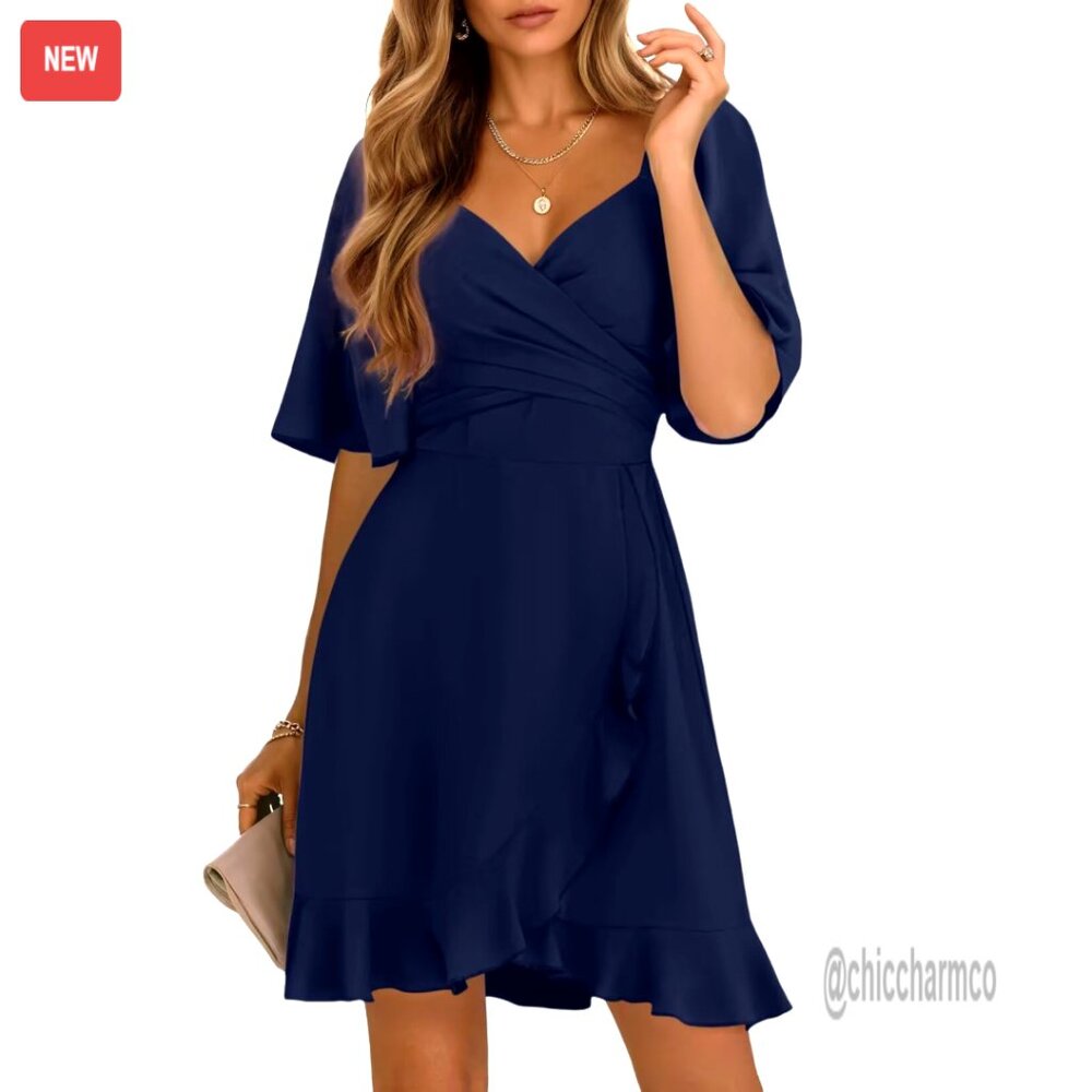 V-Neck Wrap Dress With Flared Sleeves Smocked Waist Tiered Mini